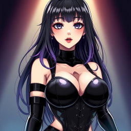 An alluring anime-style illustration of a captivating dominatrix featuring long, flowing black hair styled with wavy bangs, with the ends dyed a vivid purple