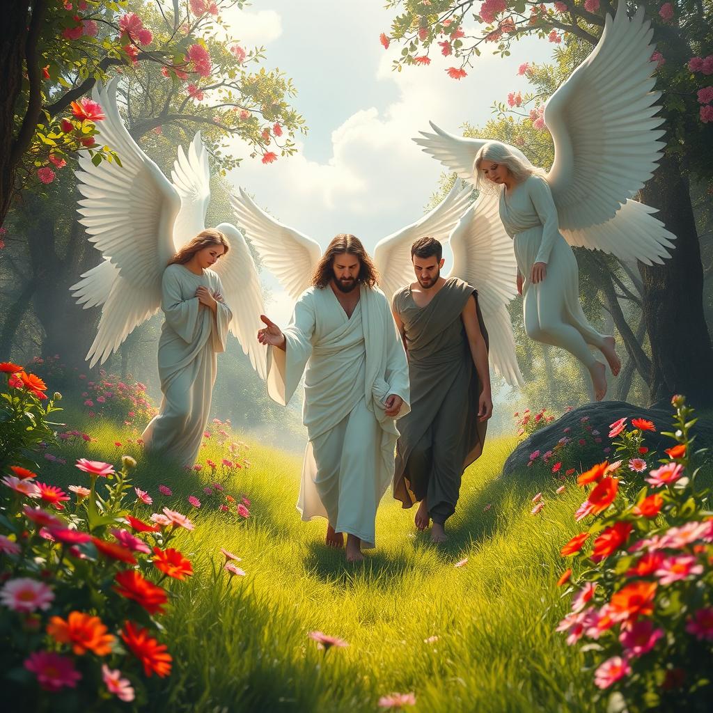 Angels and Jesus Christ walking through a lush, vibrant paradise filled with bright flowers and soft green grass