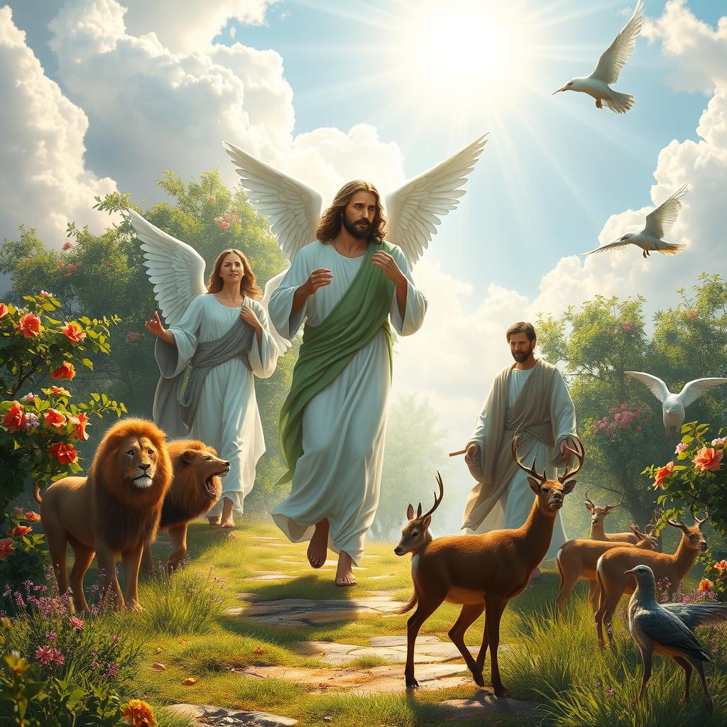 Angels and Jesus Christ walking through a lush paradise, radiating divine light, with vibrant flowers and green trees