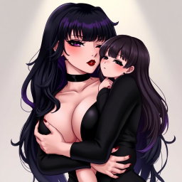 A captivating anime-style illustration featuring a powerful dominatrix with long black hair styled in wavy bangs, the ends beautifully dyed purple