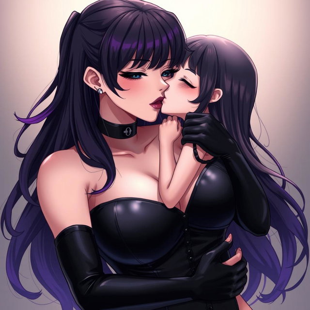 A captivating anime-style illustration featuring a powerful dominatrix with long black hair styled in wavy bangs, the ends beautifully dyed purple
