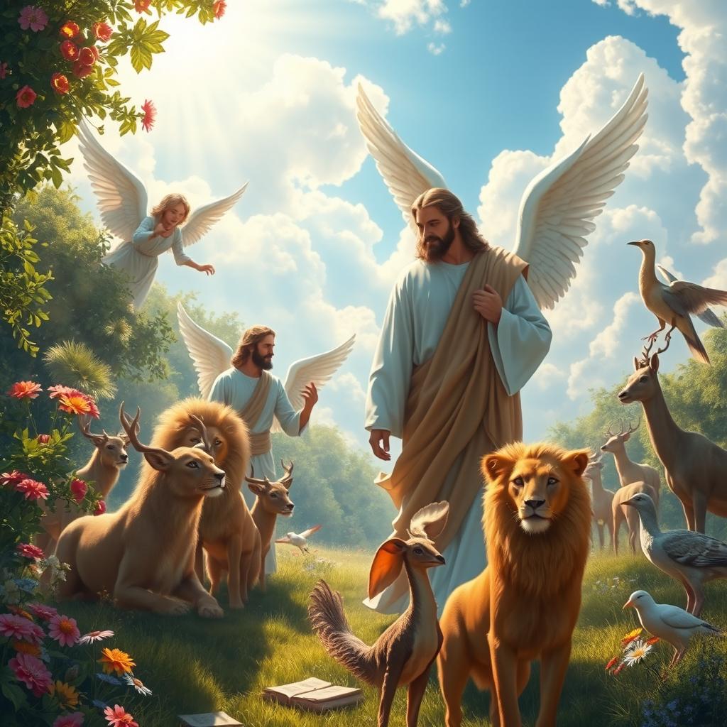 A serene and divine scene depicting angels and Jesus Christ walking through paradise, adorned with lush greenery, vibrant flowers, and a bright blue sky