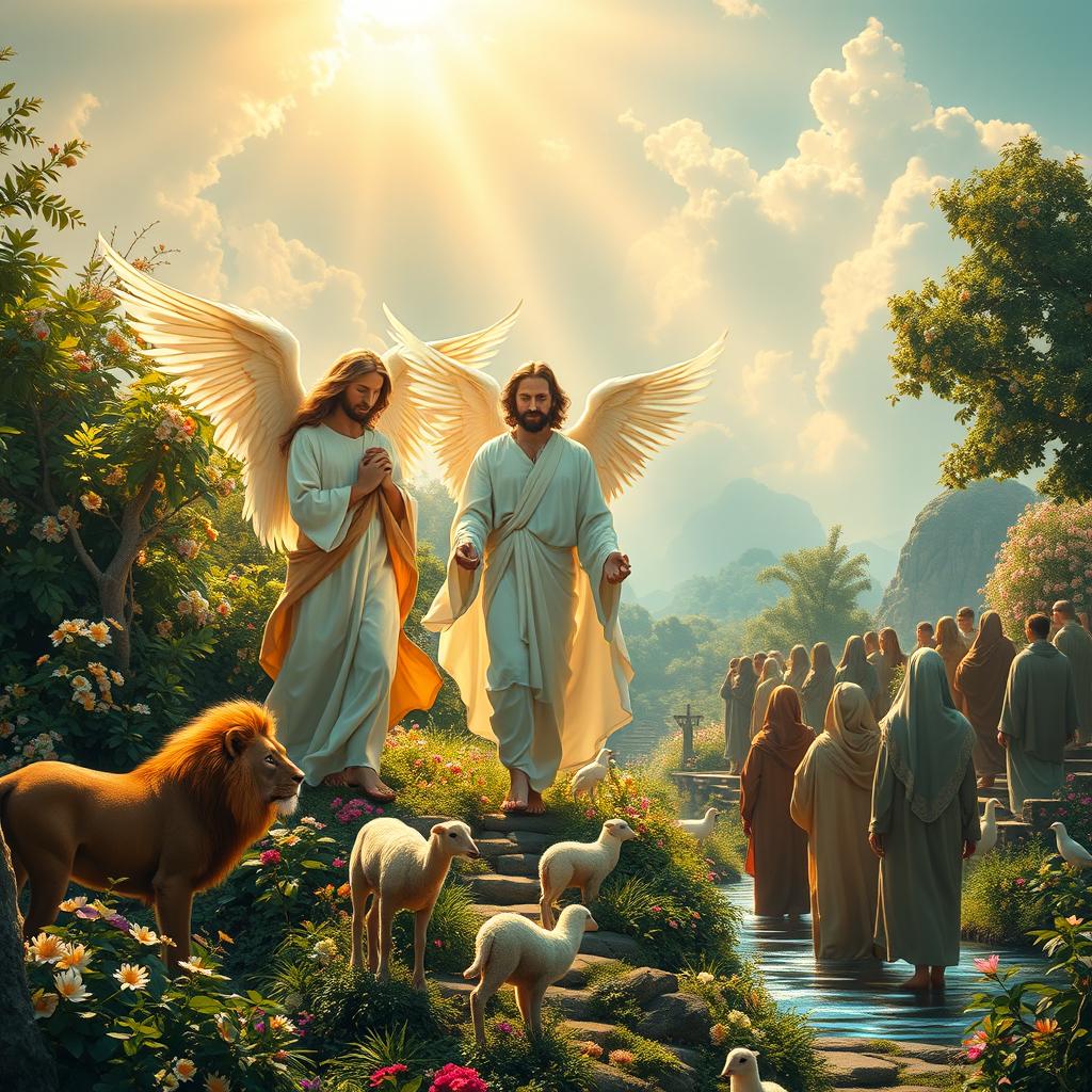In a serene and ethereal paradise, Jesus Christ, radiating warmth and compassion, walks alongside a group of angels with majestic, luminescent wings