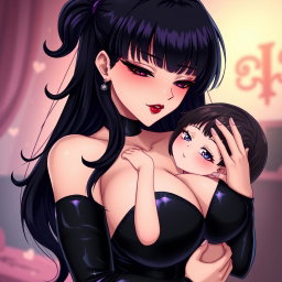 A beautifully crafted anime-style illustration featuring a powerful dominatrix with long black hair styled in wavy bangs, with the ends dyed a deep purple