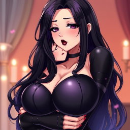 A beautifully crafted anime-style illustration featuring a powerful dominatrix with long black hair styled in wavy bangs, with the ends dyed a deep purple