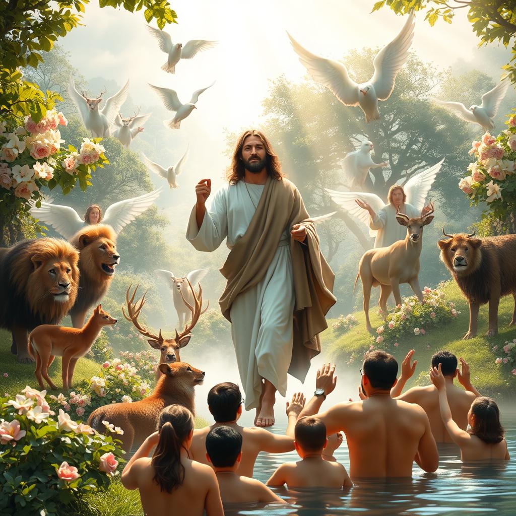 A heavenly scene depicting Jesus Christ and angels walking through paradise, surrounded by lush greenery and blossoming flowers