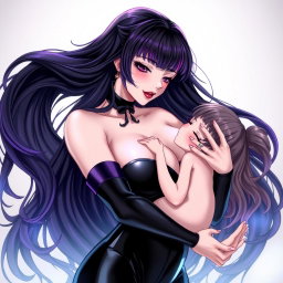 An intricate and stylish anime illustration featuring a powerful dominatrix with long, flowing black hair styled with wavy bangs, the ends of her hair dyed a vibrant purple