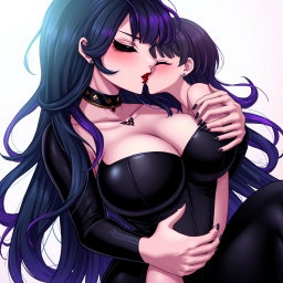 An intricate and stylish anime illustration featuring a powerful dominatrix with long, flowing black hair styled with wavy bangs, the ends of her hair dyed a vibrant purple