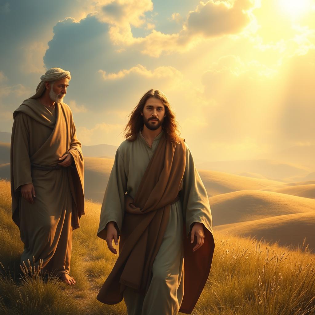 A majestic scene depicting Jesus Christ walking towards his parents, surrounded by a serene landscape filled with soft, warm light