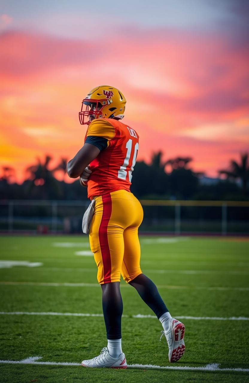 A football player wearing a vibrant football uniform, showcasing dynamic athleticism, is positioned with his whole body turning to the left