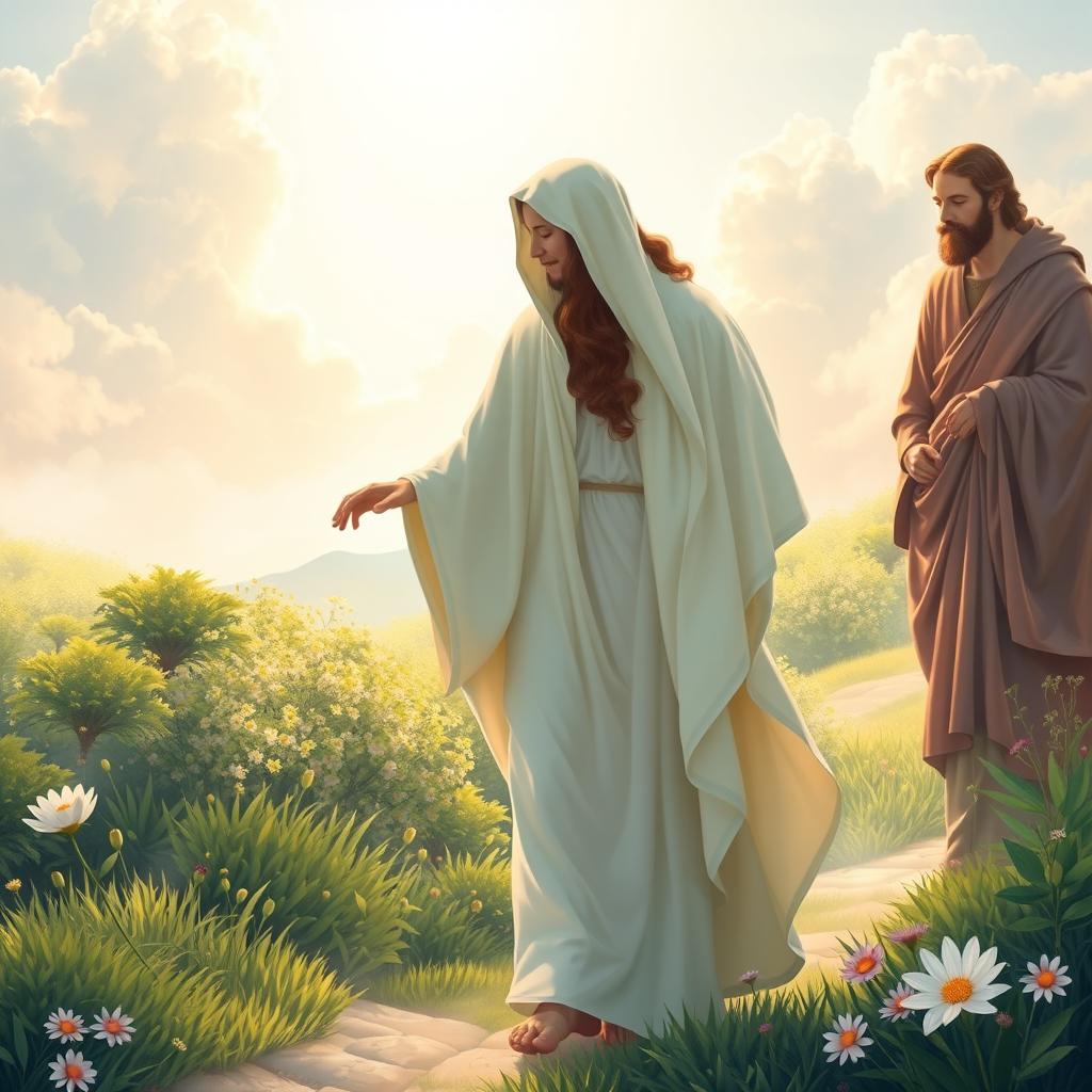 A serene and ethereal depiction of Jesus Christ walking toward his earthly parents, Mary and Joseph, in a peaceful landscape