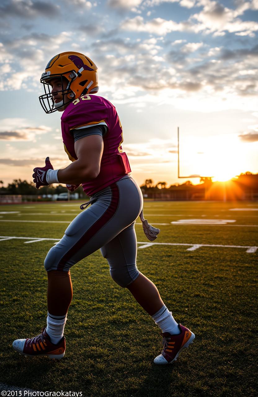 A football player wearing a complete uniform, showcasing vibrant colors and logos, positioned in a dynamic pose turning to the left