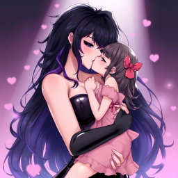 An enchanting anime-style illustration featuring a striking dominatrix with long, wavy black hair, the ends dyed a playful purple