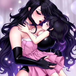 An enchanting anime-style illustration featuring a striking dominatrix with long, wavy black hair, the ends dyed a playful purple