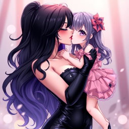 An enchanting anime-style illustration featuring a striking dominatrix with long, wavy black hair, the ends dyed a playful purple