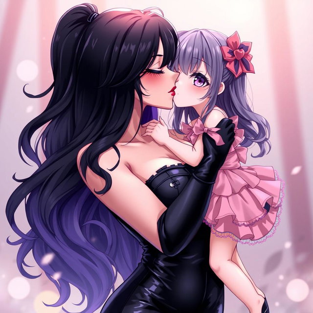 An enchanting anime-style illustration featuring a striking dominatrix with long, wavy black hair, the ends dyed a playful purple