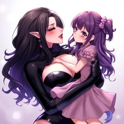 An enchanting anime-style illustration featuring a striking dominatrix with long, wavy black hair, the ends dyed a playful purple