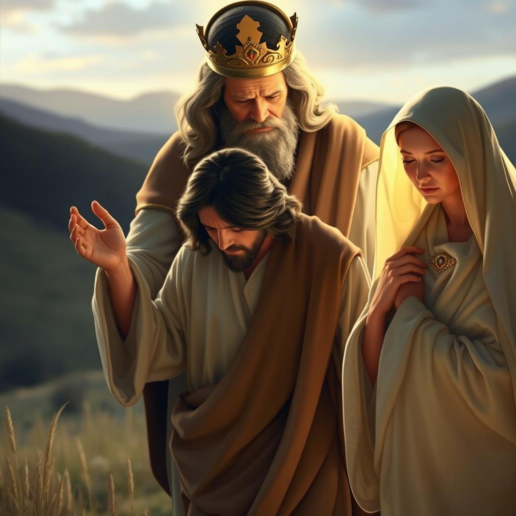 Jesus Christ depicted walking away from his distressed parents, God and Mary