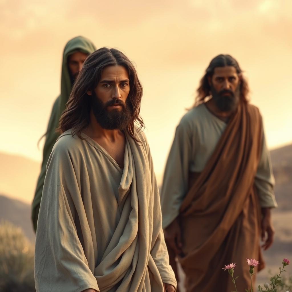 A scene depicting Jesus Christ walking away from his father and mother with a poignant expression, showcasing his serene and peaceful demeanor