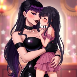 A captivating anime-style illustration featuring a striking dominatrix with long, luxurious black hair styled with wavy bangs, the ends dyed a vibrant purple