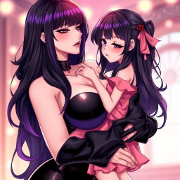 A captivating anime-style illustration featuring a striking dominatrix with long, luxurious black hair styled with wavy bangs, the ends dyed a vibrant purple