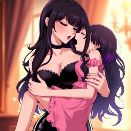 An alluring anime-style image of a captivating dominatrix with long, wavy black hair, the ends dyed an eye-catching purple