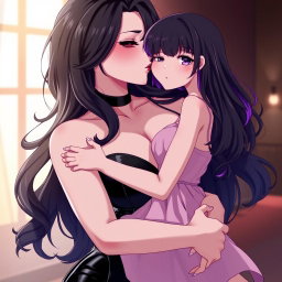 An alluring anime-style image of a captivating dominatrix with long, wavy black hair, the ends dyed an eye-catching purple