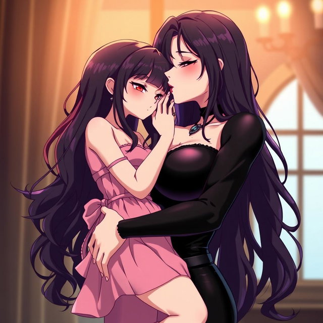 An alluring anime-style image of a captivating dominatrix with long, wavy black hair, the ends dyed an eye-catching purple
