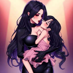 An exquisite anime-style illustration depicting a powerful dominatrix with long, wavy black hair, the ends beautifully dyed purple