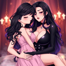 An exquisite anime-style illustration depicting a powerful dominatrix with long, wavy black hair, the ends beautifully dyed purple