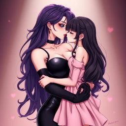 An exquisite anime-style illustration depicting a powerful dominatrix with long, wavy black hair, the ends beautifully dyed purple