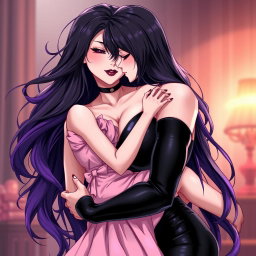An exquisite anime-style illustration depicting a powerful dominatrix with long, wavy black hair, the ends beautifully dyed purple