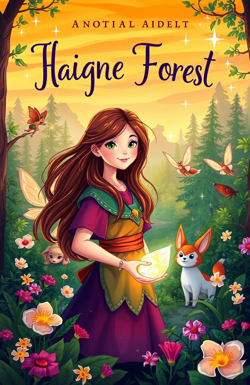 A vibrant and whimsical cover design for a young adult novel set in a magical forest