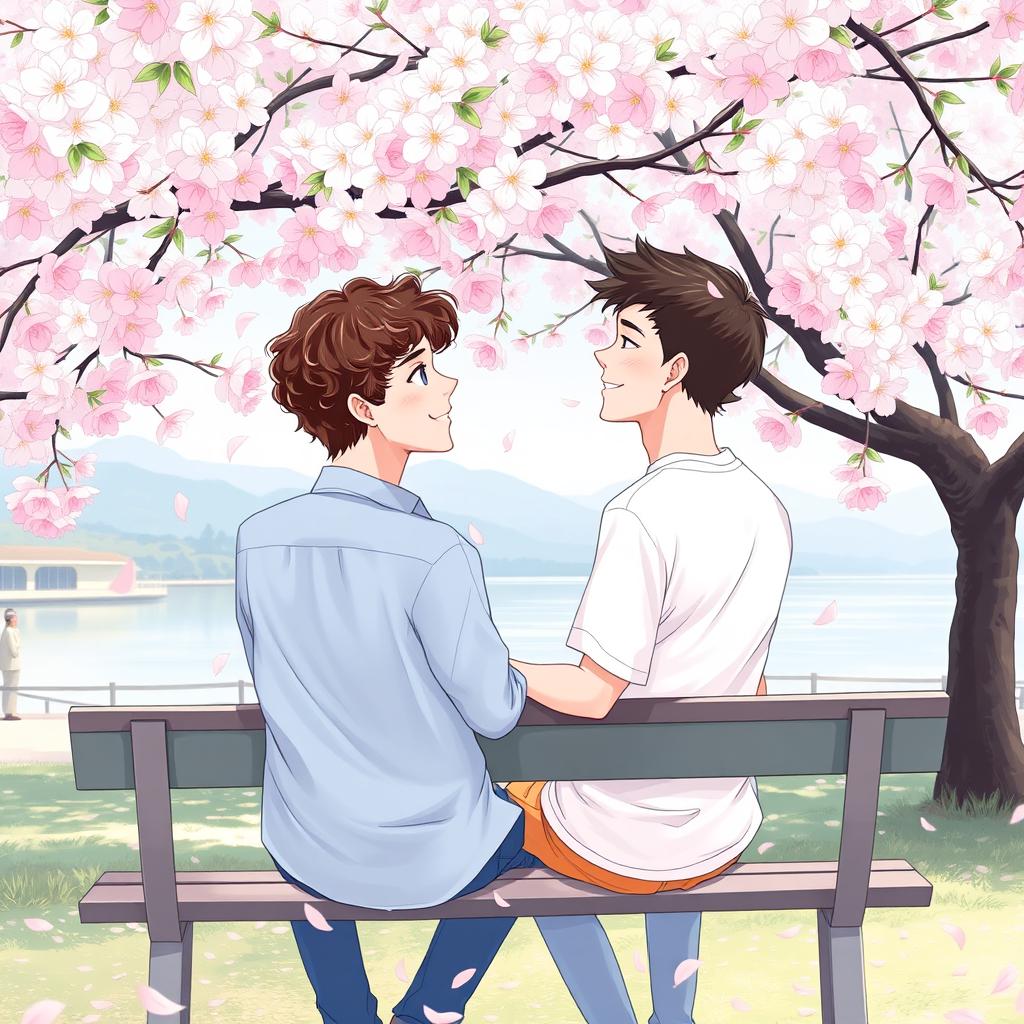 A romantic and emotional scene depicting two young men in a picturesque park, sitting close together on a bench under a blooming cherry blossom tree