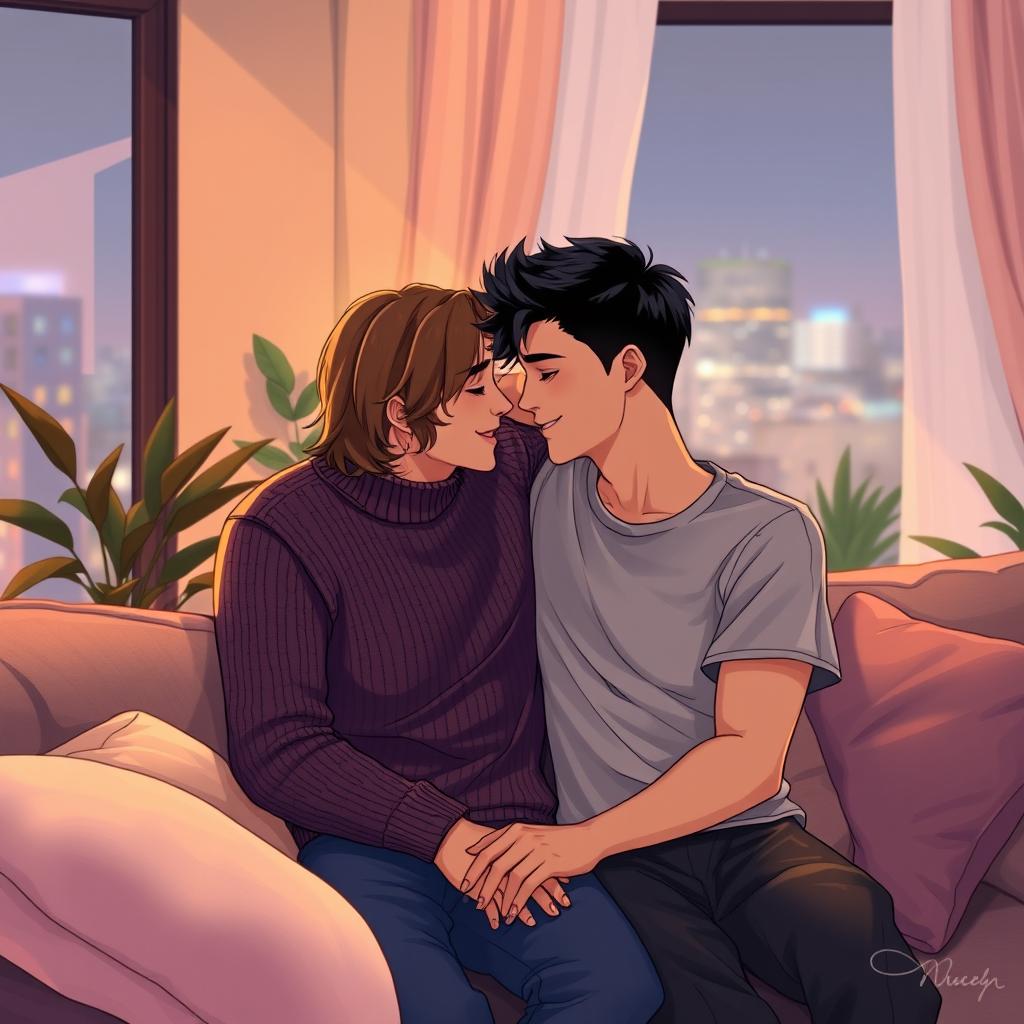 A romantic scene illustrating two young men sharing an intimate moment on a cozy couch in a softly lit apartment