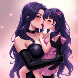 An enchanting anime-style illustration of a striking dominatrix with long, wavy black hair, the ends beautifully dyed purple