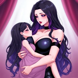 An enchanting anime-style illustration of a striking dominatrix with long, wavy black hair, the ends beautifully dyed purple