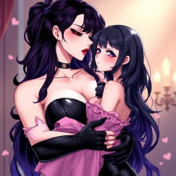 An enchanting anime-style illustration of a striking dominatrix with long, wavy black hair, the ends beautifully dyed purple
