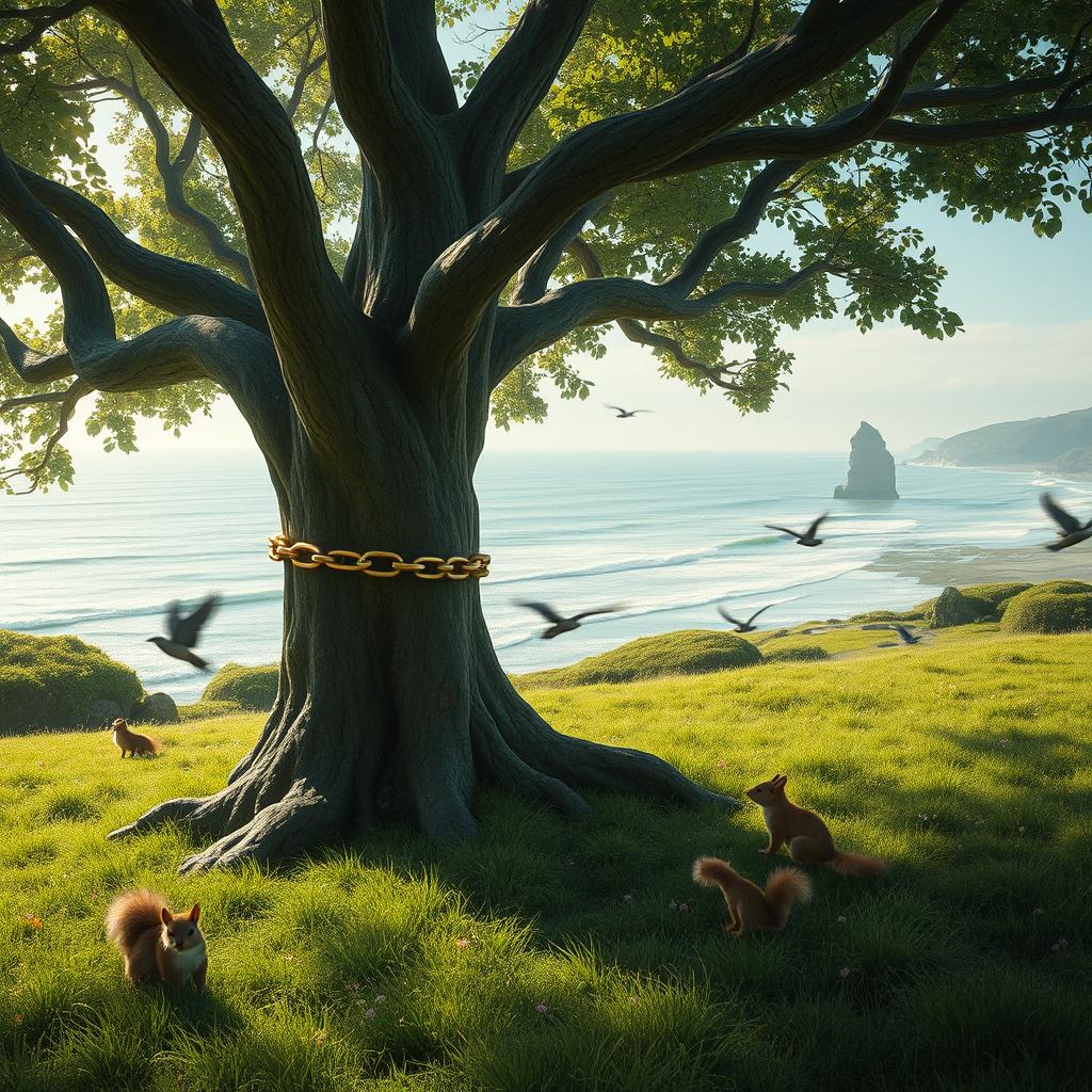 A mystical scene set by the emerald oak tree in a lush green meadow
