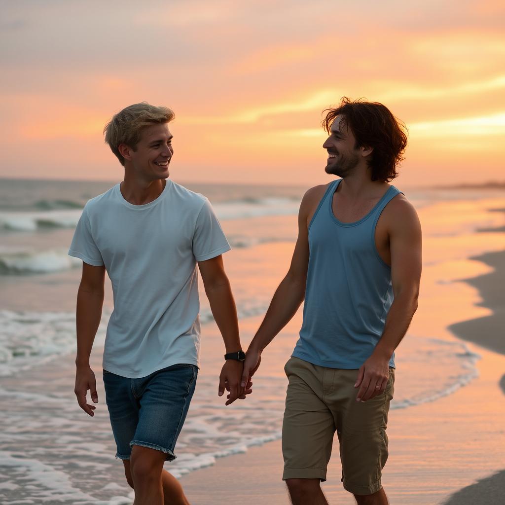 A tender scene capturing a romantic moment between two young men, one with blonde hair and the other with chestnut brown hair, as they enjoy an evening walk on a beach during sunset