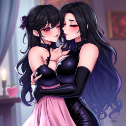 A captivating anime-style illustration featuring a striking dominatrix with long, wavy black hair, the ends elegantly dyed purple