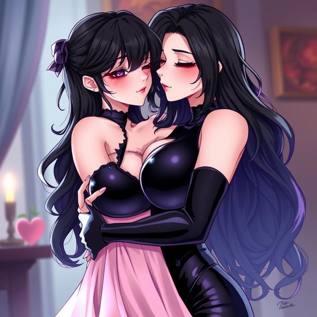 A captivating anime-style illustration featuring a striking dominatrix with long, wavy black hair, the ends elegantly dyed purple
