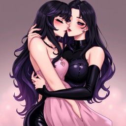 A captivating anime-style illustration featuring a striking dominatrix with long, wavy black hair, the ends elegantly dyed purple
