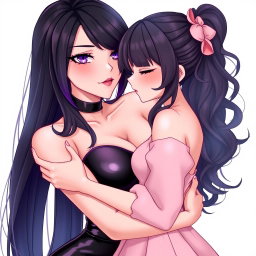 A captivating anime-style illustration featuring a striking dominatrix with long, wavy black hair, the ends elegantly dyed purple