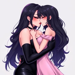 A captivating anime-style illustration featuring a striking dominatrix with long, wavy black hair, the ends elegantly dyed purple