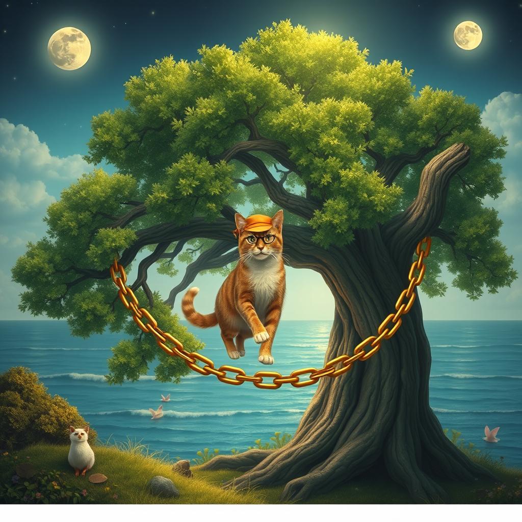 A serene and enchanting scene depicting a green oak tree by the seashore, with a golden chain draped over its sturdy branches