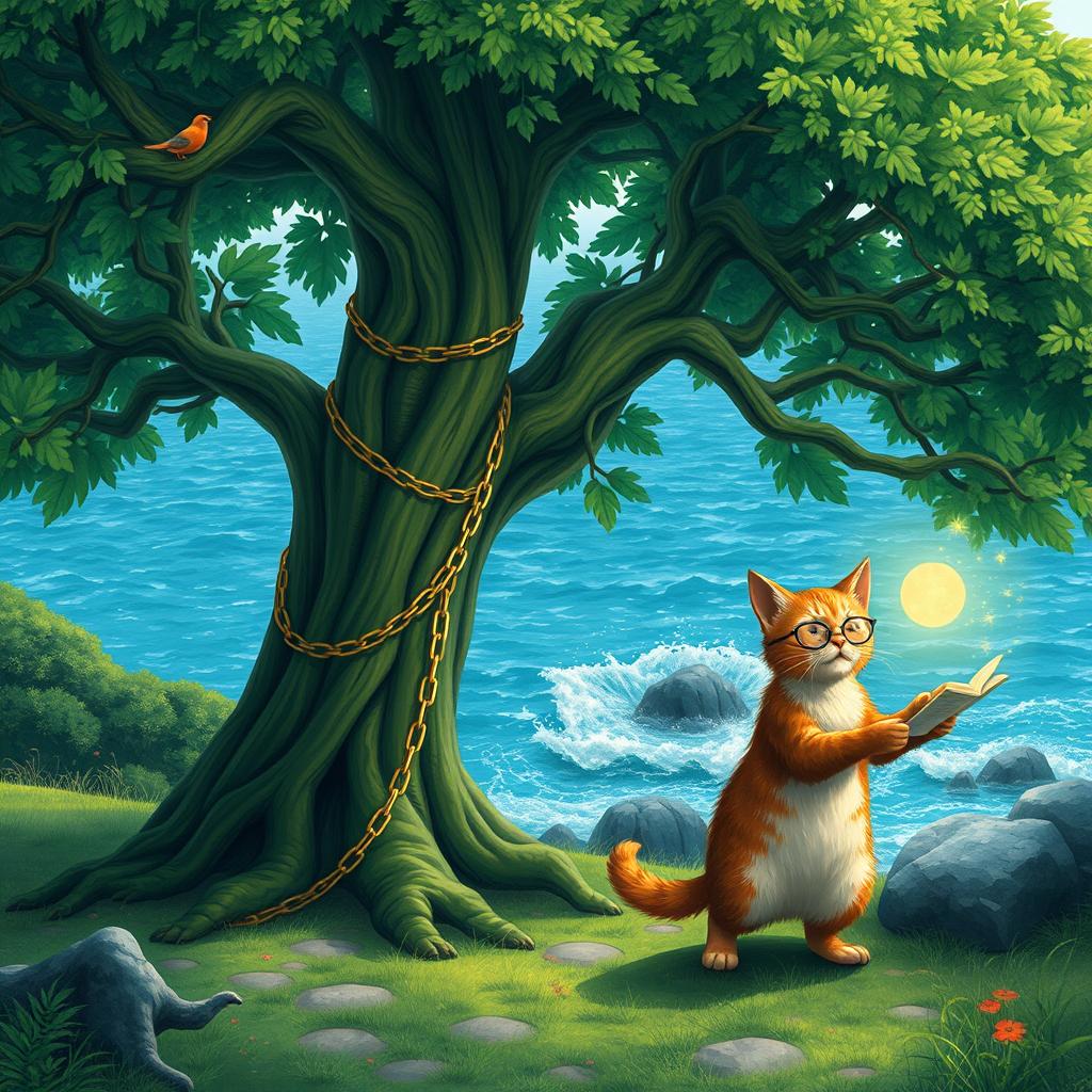 A serene fairy tale scene set in the lush green landscape by a coastal forest, featuring a majestic green oak tree with golden chains wrapped around its trunk
