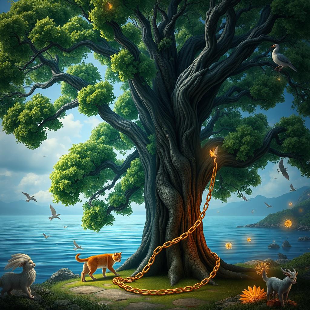 A lush green oak tree by the edge of a serene bay, with a golden chain draped over its sturdy branches