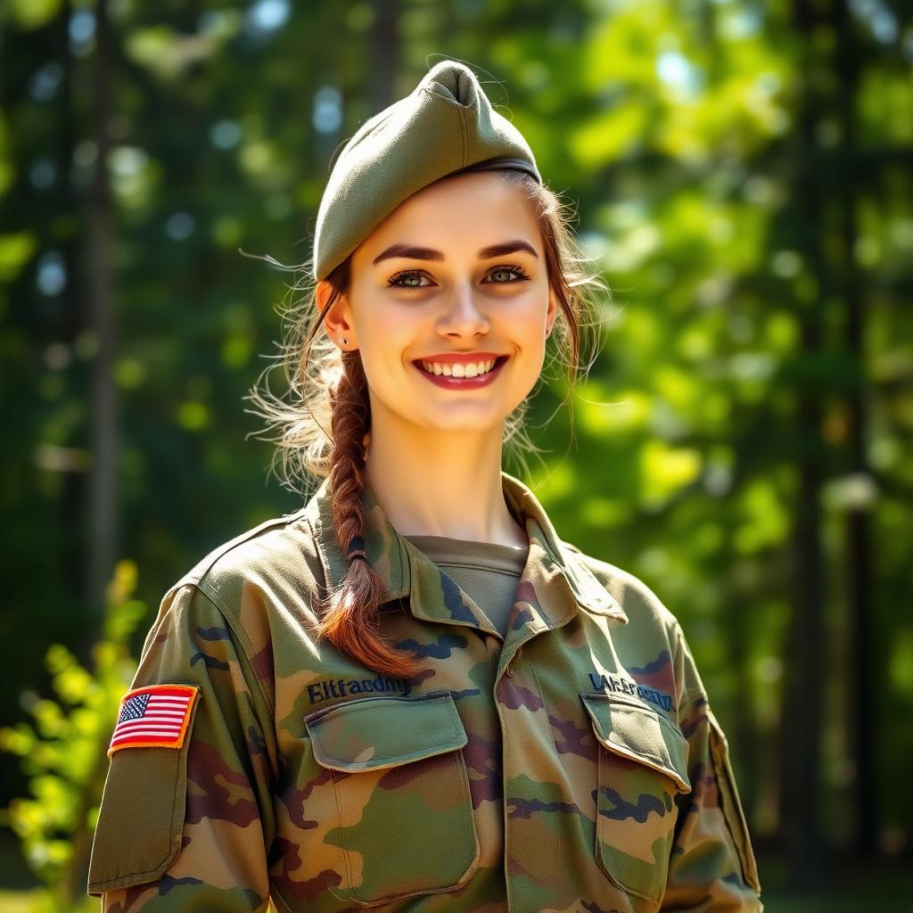 A stunning 21-year-old Canadian soldier with a cute face and pretty hair, wearing camouflage fatigues