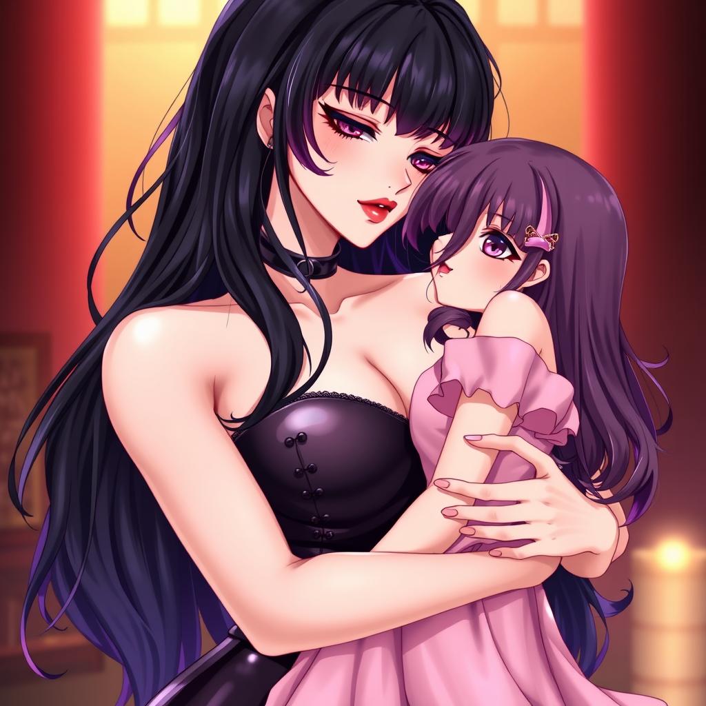 A stunning anime-style illustration featuring a captivating dominatrix with long, flowing black hair, styled in wavy bangs, with the ends dyed a striking purple